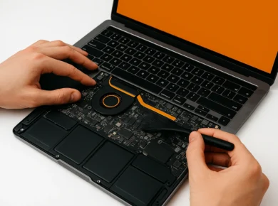 Técnico realizando manutenção de MacBook superaquecendo em Alphaville — limpeza interna e troca de pasta térmica