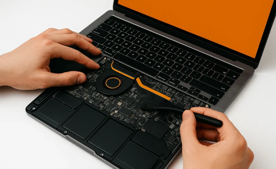 Técnico realizando manutenção de MacBook superaquecendo em Alphaville — limpeza interna e troca de pasta térmica